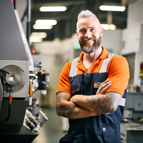Smiling machinist working in a busy workshop on blurred background Smiling machinist working in a busy workshop on blurred background
