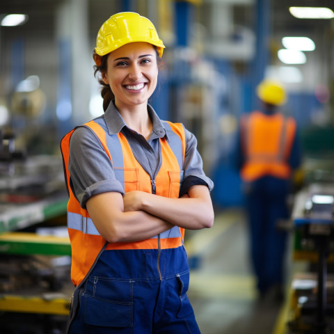 Happy woman assembling products on a factory line on blurred background Happy woman assembling products on a factory line on blurred background