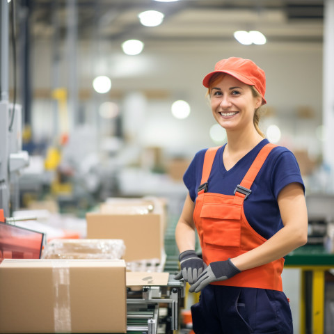 Happy woman assembling products on a factory line on blurred background Happy woman assembling products on a factory line on blurred background