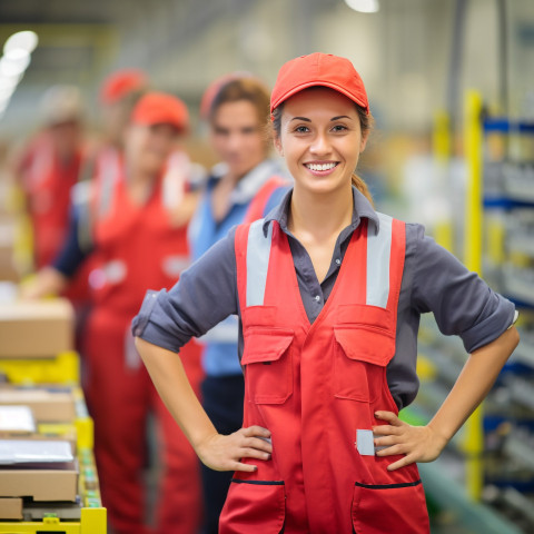 Happy woman assembling products on a factory line on blurred background Happy woman assembling products on a factory line on blurred background