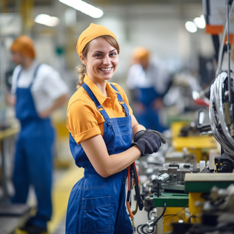 Happy woman assembling products on a factory line on blurred background Happy woman assembling products on a factory line on blurred background