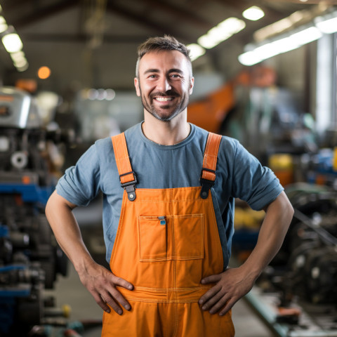 Cheerful mechanic smiling while working on car in blurred background Cheerful mechanic smiling while working on car in blurred background