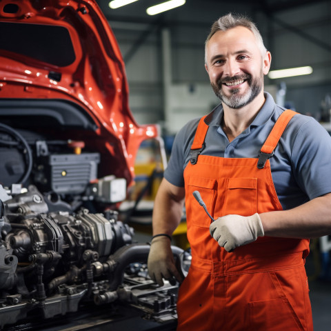 Cheerful mechanic smiling while working on car in blurred background Cheerful mechanic smiling while working on car in blurred background