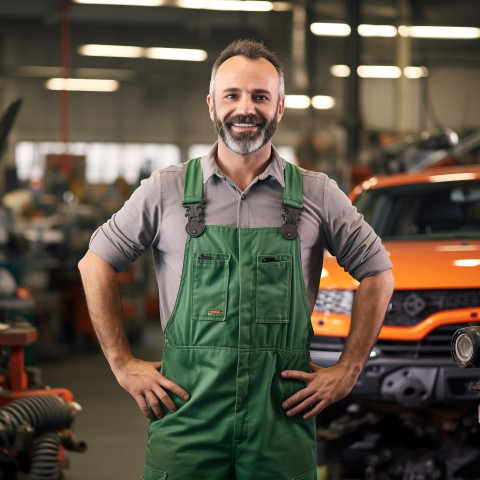 Cheerful mechanic smiling while working on car in blurred background Cheerful mechanic smiling while working on car in blurred background