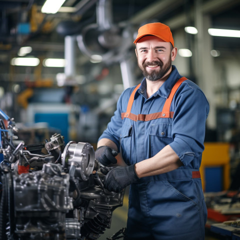 Cheerful mechanic smiling while working on car in blurred background Cheerful mechanic smiling while working on car in blurred background