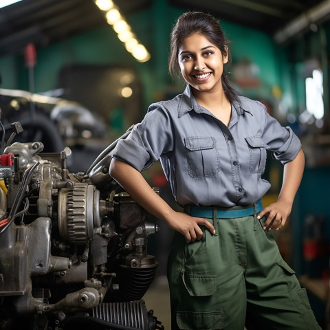 Indian woman mechanic working on blurred background Indian woman mechanic working on blurred background