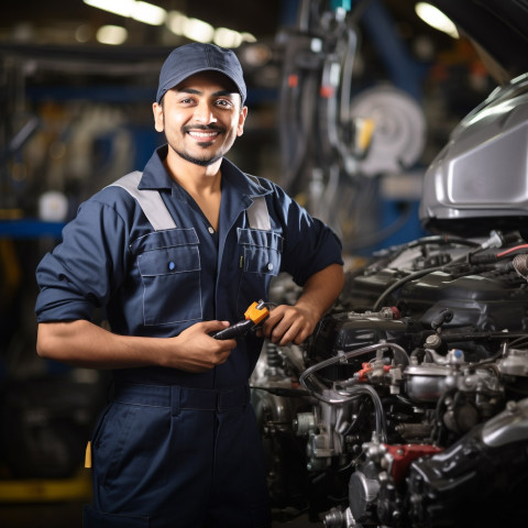 Indian man mechanic working on blurred background Indian man mechanic working on blurred background