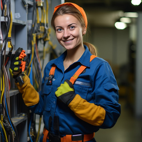 Smiling woman electrician works on blurred background Smiling woman electrician works on blurred background