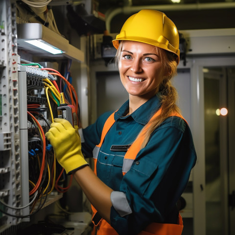 Smiling woman electrician works on blurred background Smiling woman electrician works on blurred background