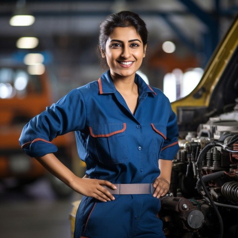 Indian woman mechanic working on blurred background Indian woman mechanic working on blurred background