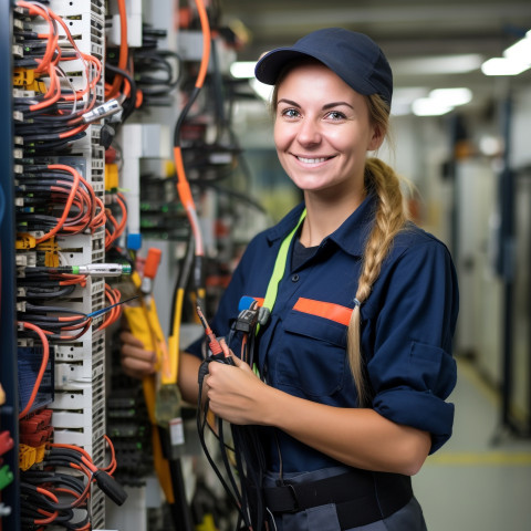 Smiling woman electrician works on blurred background Smiling woman electrician works on blurred background