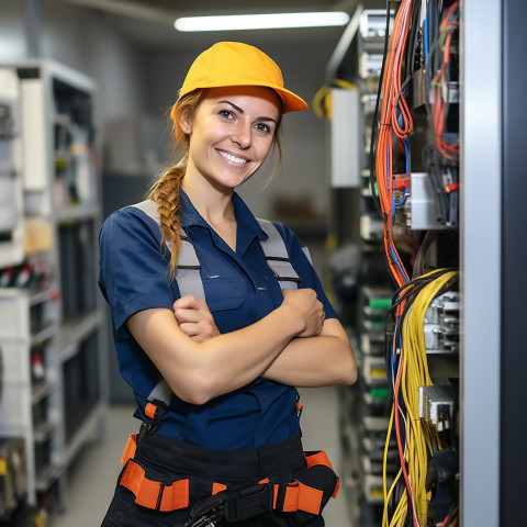 Smiling woman electrician works on blurred background Smiling woman electrician works on blurred background