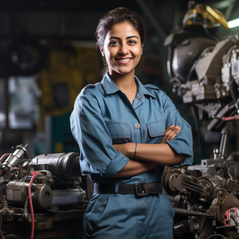 Indian woman mechanic working on blurred background Indian woman mechanic working on blurred background