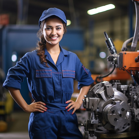 Indian female machinist working on blurred background Indian female machinist working on blurred background
