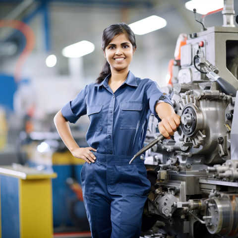 Indian female machinist working on blurred background Indian female machinist working on blurred background