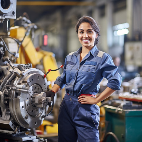 Indian female machinist working on blurred background Indian female machinist working on blurred background