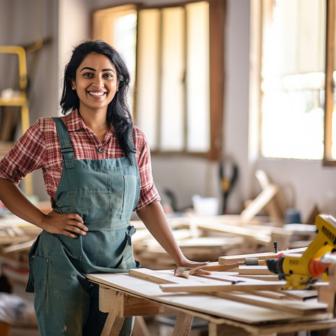 Indian woman carpenter smiles while working on a blurred background Indian woman carpenter smiles while working on a blurred background