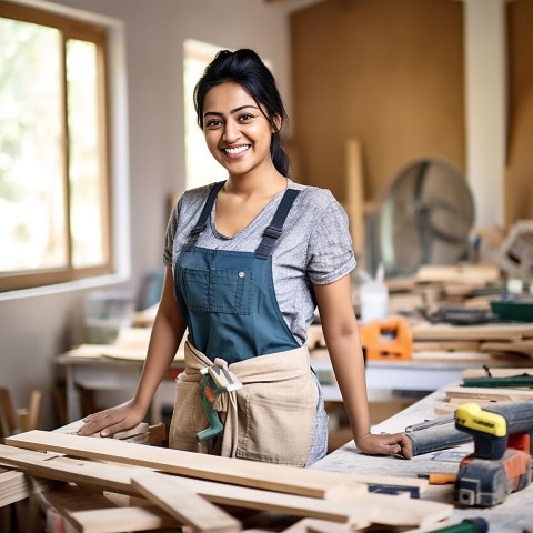 Indian woman carpenter smiles while working on a blurred background Indian woman carpenter smiles while working on a blurred background