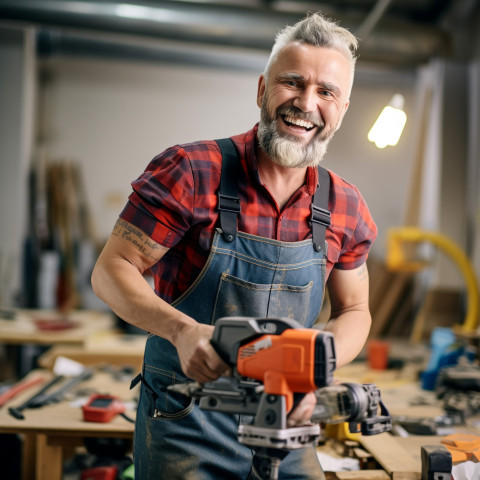 Smiling tool and die maker working on blurred background Smiling tool and die maker working on blurred background
