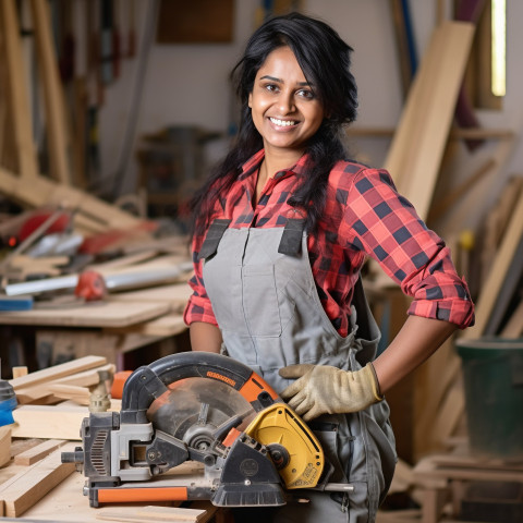 Indian woman carpenter smiles while working on a blurred background Indian woman carpenter smiles while working on a blurred background