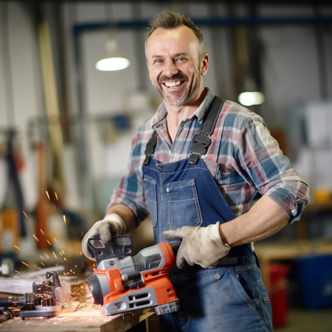 Smiling tool and die maker working on blurred background Smiling tool and die maker working on blurred background