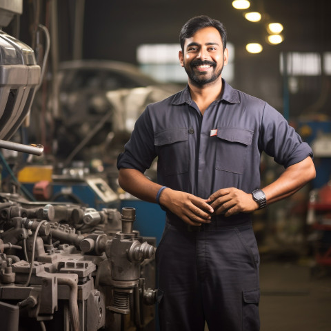 Smiling Indian mechanic working on a blurred background Smiling Indian mechanic working on a blurred background