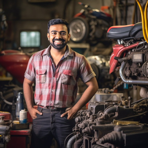 Smiling Indian mechanic working on a blurred background Smiling Indian mechanic working on a blurred background