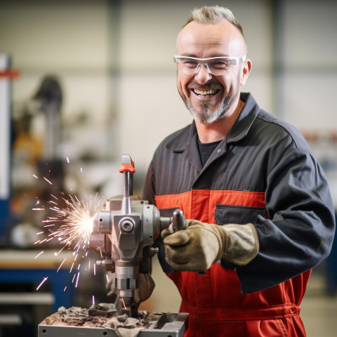 Smiling tool and die maker working on blurred background Smiling tool and die maker working on blurred background