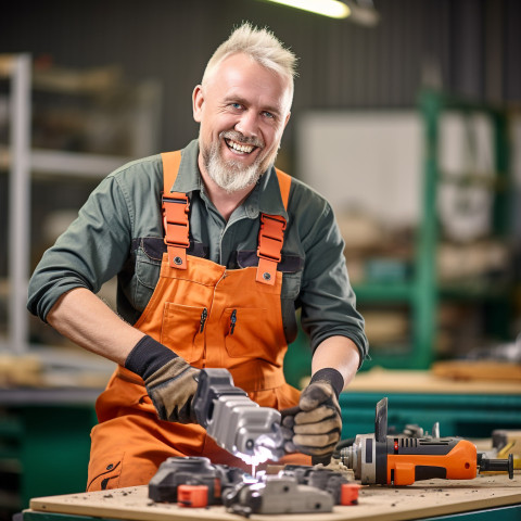 Smiling tool and die maker working on blurred background Smiling tool and die maker working on blurred background