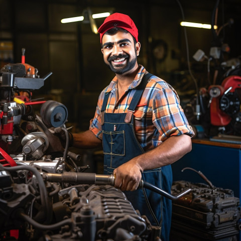 Smiling Indian mechanic working on a blurred background Smiling Indian mechanic working on a blurred background