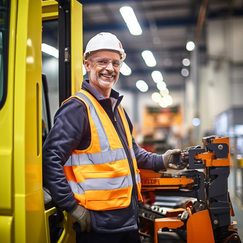 Smiling worker operating machinery in a on a blurred background Smiling worker operating machinery in a on a blurred background