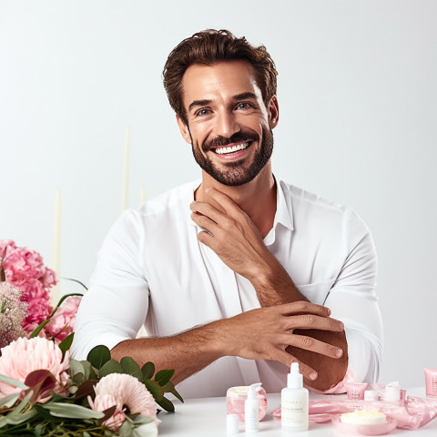 Smiling handsome esthetician provides grooming and personal care services on white background Smiling handsome esthetician provides grooming and personal care services on white background