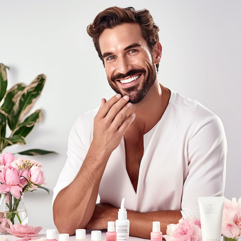 Smiling handsome esthetician provides grooming and personal care services on white background Smiling handsome esthetician provides grooming and personal care services on white background