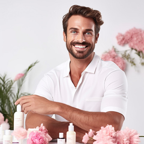 Smiling handsome esthetician provides grooming and personal care services on white background Smiling handsome esthetician provides grooming and personal care services on white background