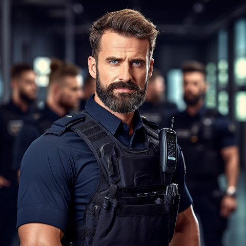 Confident handsome man grooming and personal care security personnel at work on blured background Confident handsome man grooming and personal care security personnel at work on blured background