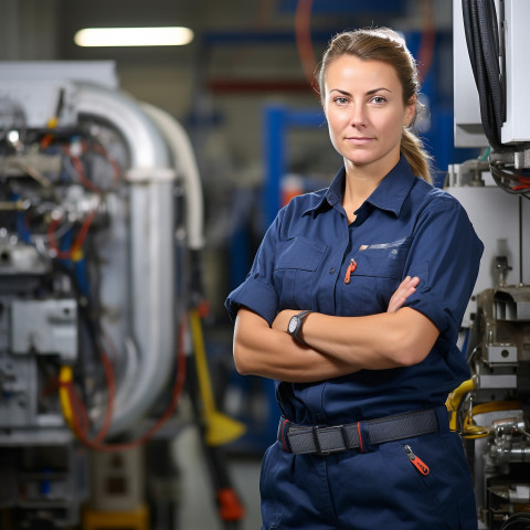 Confident female HVAC tech working blurred background Confident female HVAC tech working blurred background