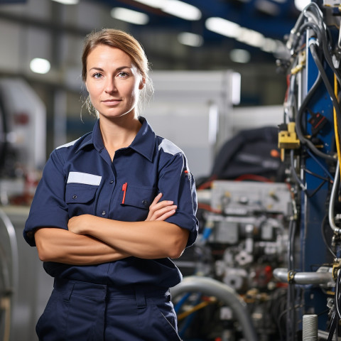 Confident female HVAC tech working blurred background Confident female HVAC tech working blurred background