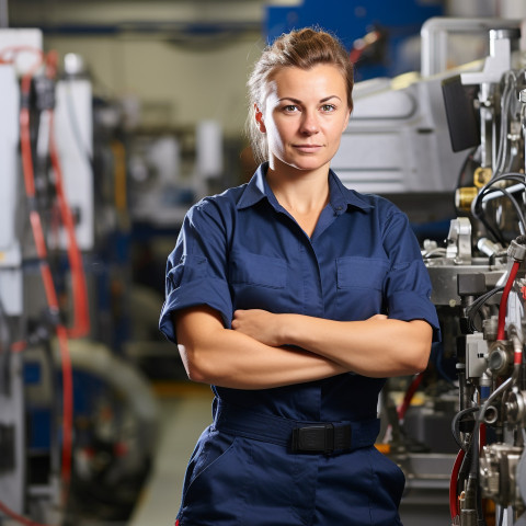 Confident female HVAC tech working blurred background Confident female HVAC tech working blurred background