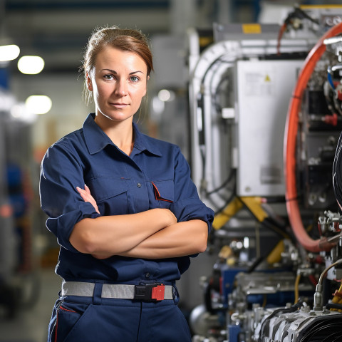 Confident female HVAC tech working blurred background Confident female HVAC tech working blurred background