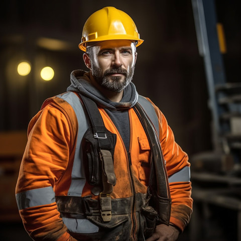 Construction worker confidently working on blurred background Construction worker confidently working on blurred background