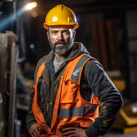 Construction worker confidently working on blurred background Construction worker confidently working on blurred background