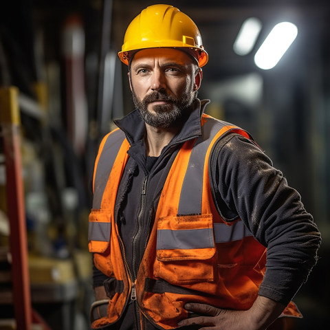 Construction worker confidently working on blurred background Construction worker confidently working on blurred background