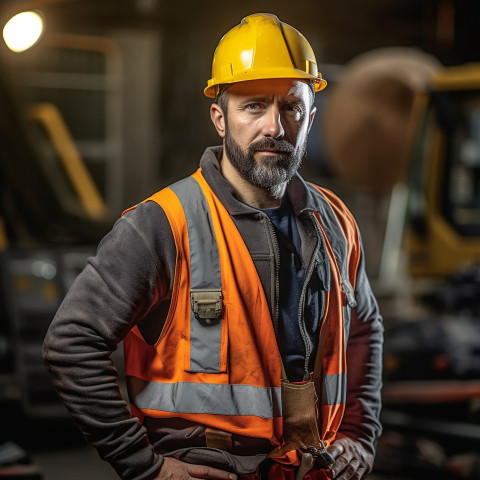 Construction worker confidently working on blurred background Construction worker confidently working on blurred background