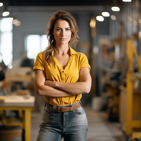 Woman mason confidently working on a blurred background Woman mason confidently working on a blurred background