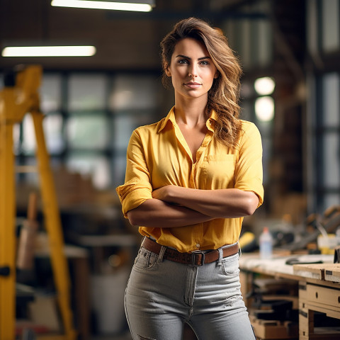 Woman mason confidently working on a blurred background Woman mason confidently working on a blurred background