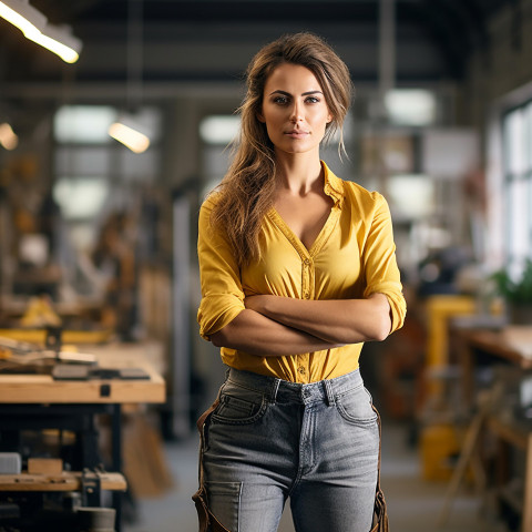 Woman mason confidently working on a blurred background Woman mason confidently working on a blurred background