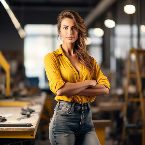 Woman mason confidently working on a blurred background Woman mason confidently working on a blurred background