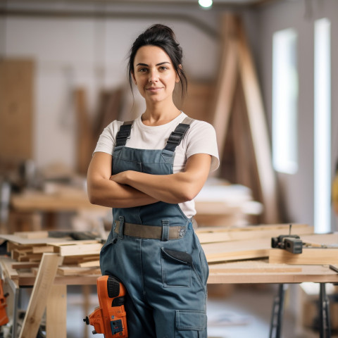 Carpenter woman working on blurred background Carpenter woman working on blurred background