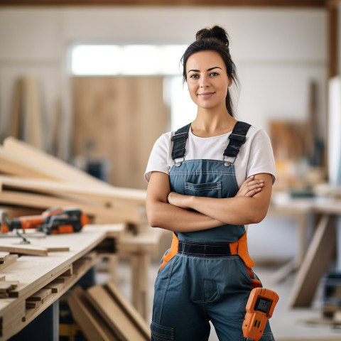 Carpenter woman working on blurred background Carpenter woman working on blurred background