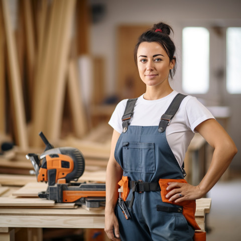 Carpenter woman working on blurred background Carpenter woman working on blurred background